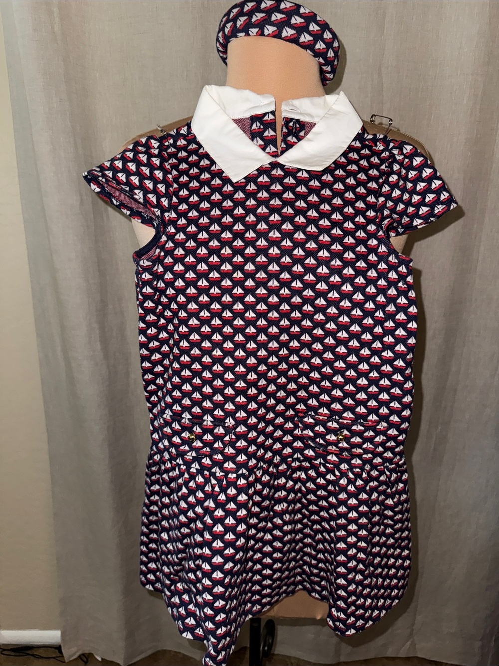 Janie & Jack Drop Waist Navy Sailboat Dress with White Collar and Headband sz6